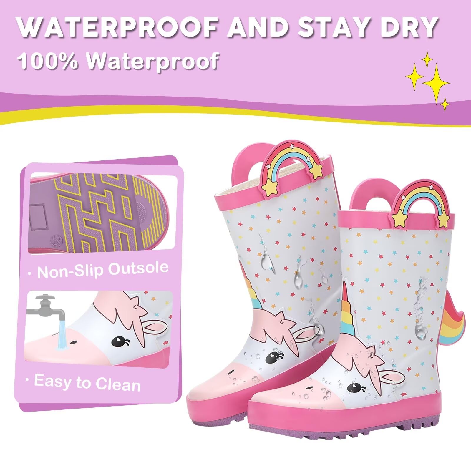 FUNCOO PLUS Botas de agua de goma para niños pequeños, botas de lluvia impermeables para niños y niñas, con asas en patrón divertido