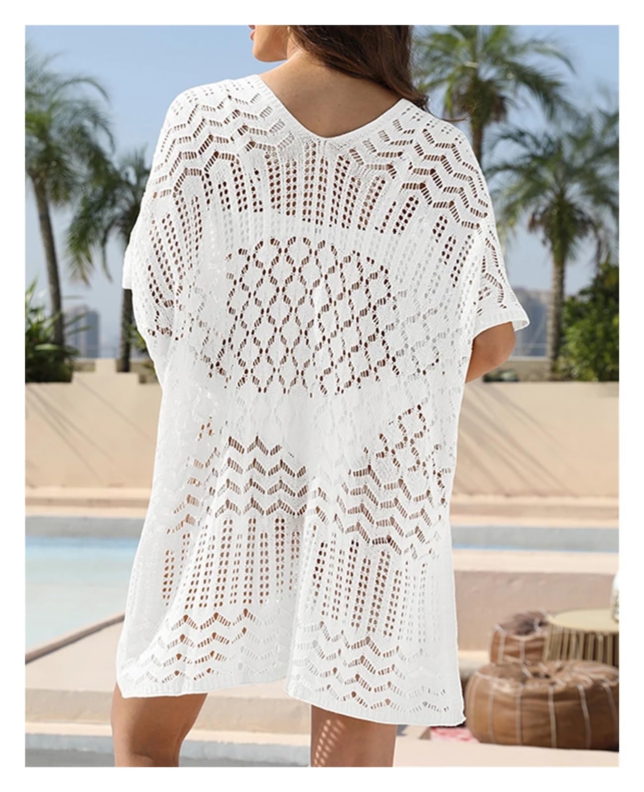 Maglia all'Uncinetto Lunga da Spiaggia da Donna, Tinta Unita, a Maniche Lunghe, Traforata, Sexy, da Spiaggia per Vacanze, Piscina