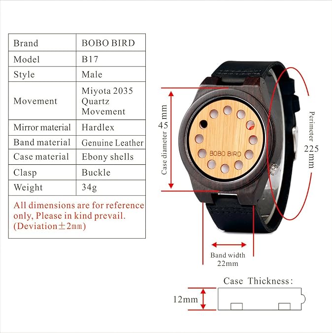 BOBO BIRD Men's Bamboo Wooden Watch with Black Cowhide Leather Strap 12 Holes Timer Design Sports Casual Watches
