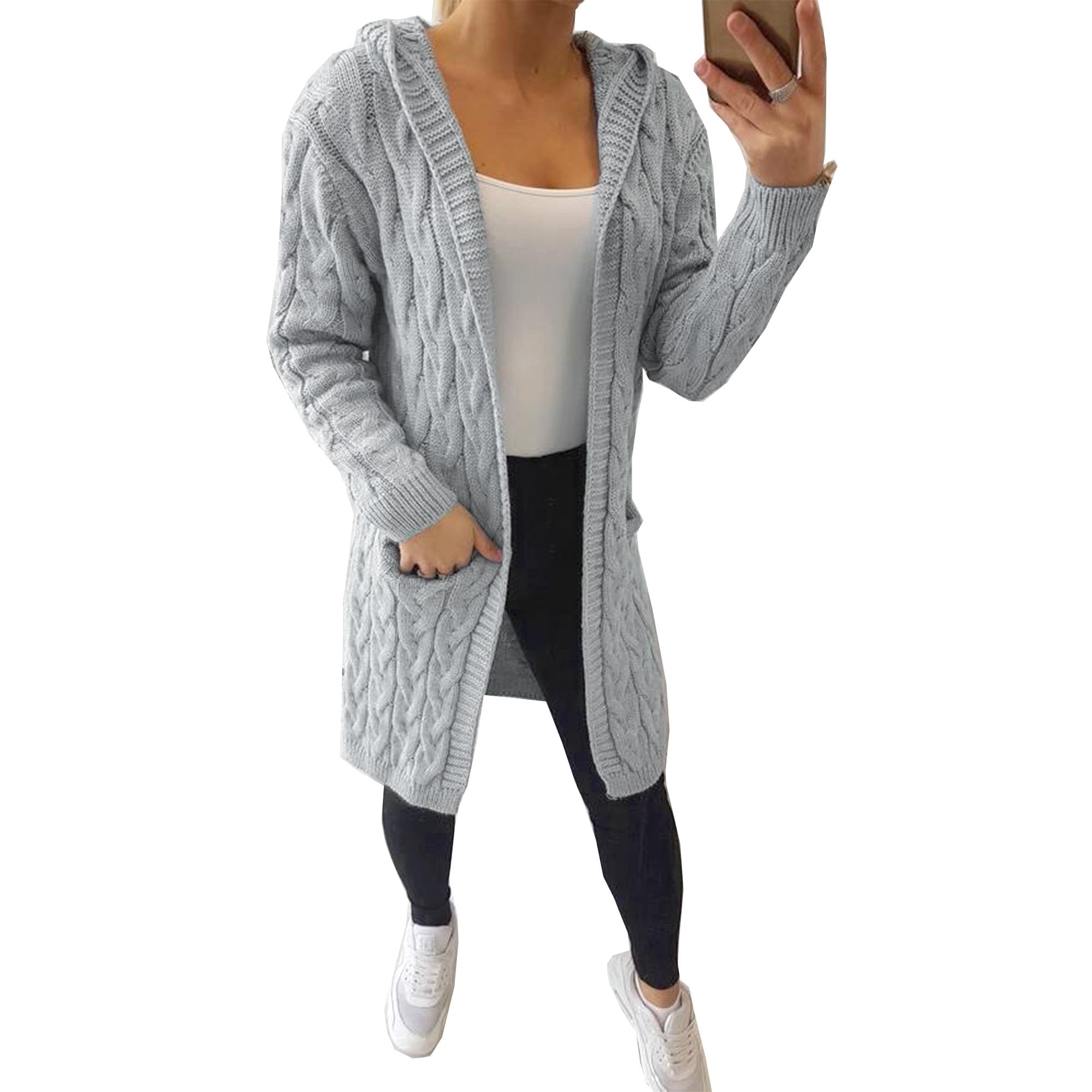 Hooded Chunky Cable Knit Cardigan Long Warm Winter Hood Open Front Silver Grey