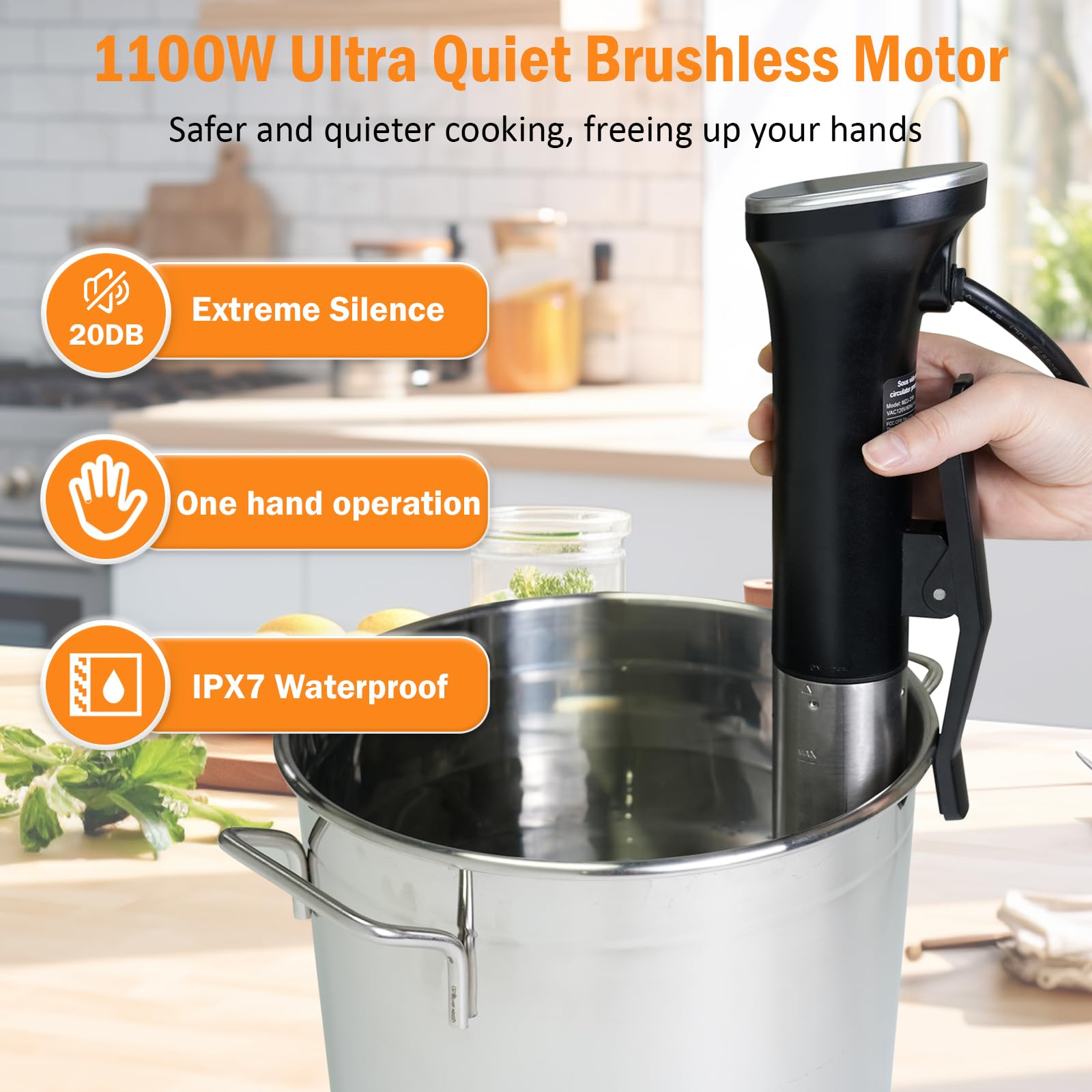 Cocina Sous Vide, máquina Sous Vide de 1100 W, circulador de inmersión, calentamiento rápido ultra silencioso con visualización táctil control preciso de temperatura y tiempo, IPX7 impermeable (Sous