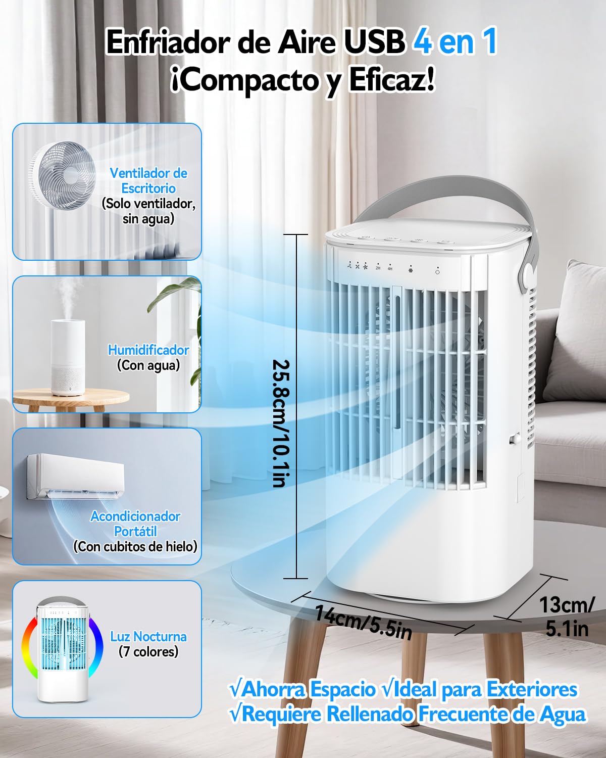 Refroidisseur d'air 4 en 1, mini climatiseur portable avec réservoir 900 ml, 3 vitesses, 2 modes de nébulisation, minuterie 2H/4H, oscillation 90°, USB-C, 7 lumières LED, idéal pour chambre/bureau