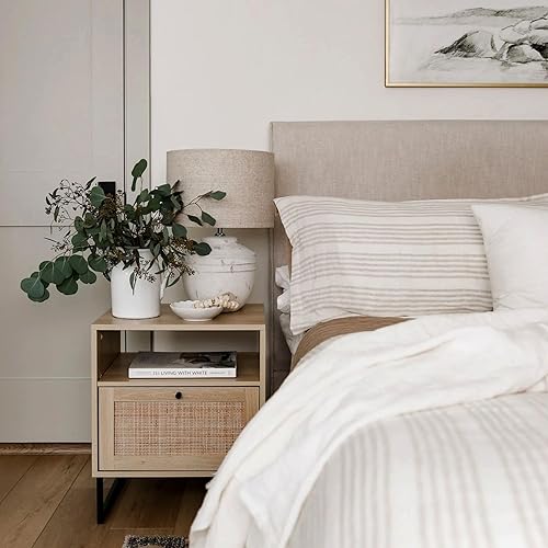 Miniatura 5 de Nathan James Mina Mesita de noche lateral de madera de ratán con almacenamiento para sala de estar o dormitorio, 1, roble/negro Roble/Negro,Marrón