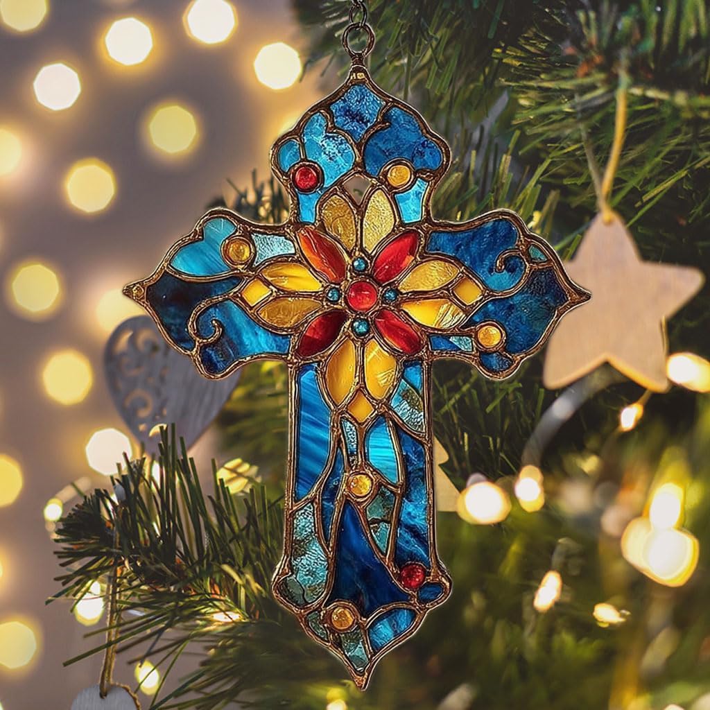 Mosaic Style Christian Cross Tiffany Effect Acrylic Suncatcher Stained Glass Effect Window Car Hanging Christmas Ornament Indoor Outdoor Decor Garden Sun Catcher Panel for Women Mom Grandma