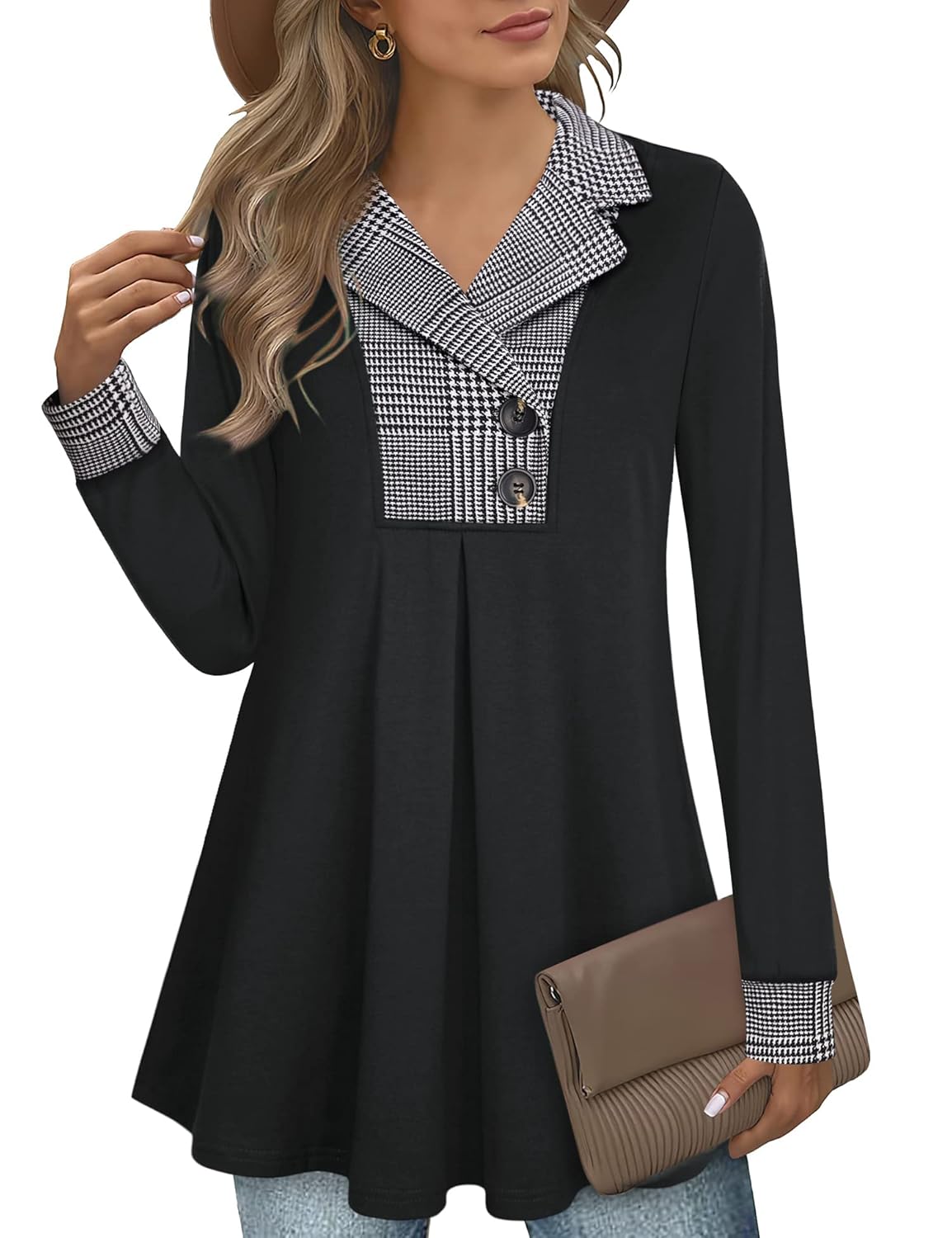 Gaharu Womens Swing Tunic Notch Collar Ladies Button Sweatshirt Long Sleeve Pullover Shirt Tops
