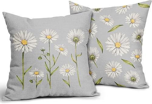 Juego de 2 fundas de almohada de primavera y verano de 18 x 18 pulgadas, con estampado de flores blancas en acuarela, gris y gris, fundas