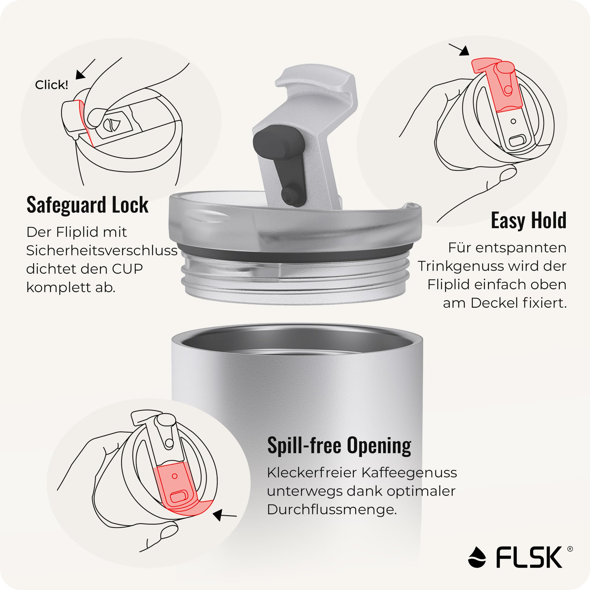 FLSK Next Gen Essentials Cup To Go - Vaso reutilizable de acero inoxidable (350 ml, 500 ml) - 3 h caliente y 3 h frío, a prueba de fugas, apto para lavavajillas, incluye embalaje sin árboles