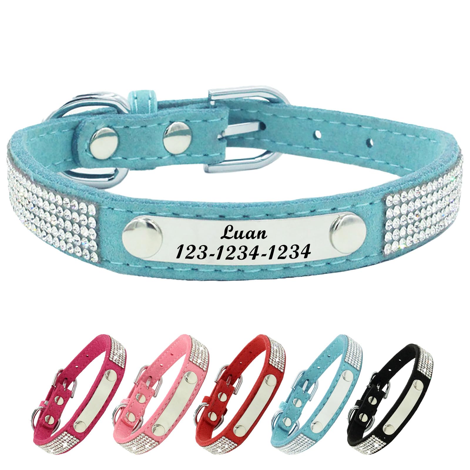 Personalized Dog Collar with Rhinestone Name Tag - Glitter Polyester Collar Adjustable [Sky Blue,S]