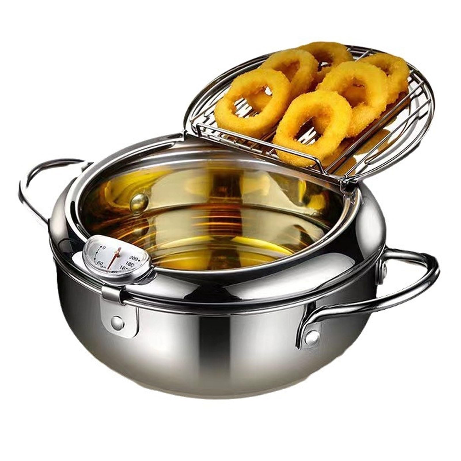 Sanpyl Deep Fryer Pot, 201 Stainless Steel Frying Pot with Lid Thermometer and Oil Drip Drainer Rack, Tempura Deep Fryer Pot for Kitchen French Fries Chicken (20cm)