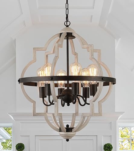 Candelabro rústico de granja, acabado ORB+roble, 6 luces antiguas vintage, lámpara colgante para cocina, comedor, sala de estar, entrada, vestíbulo,