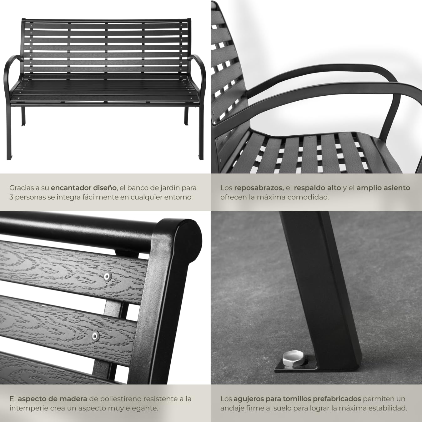 tectake® Banco de Jardín 3 Plazas, Estructura Acero Lacado, Apto Exterior, Mueble Jardín, Banco Terraza, Banco Madera Rustico, Chill out Exterior Terraza, Fácil Montaje - Negro