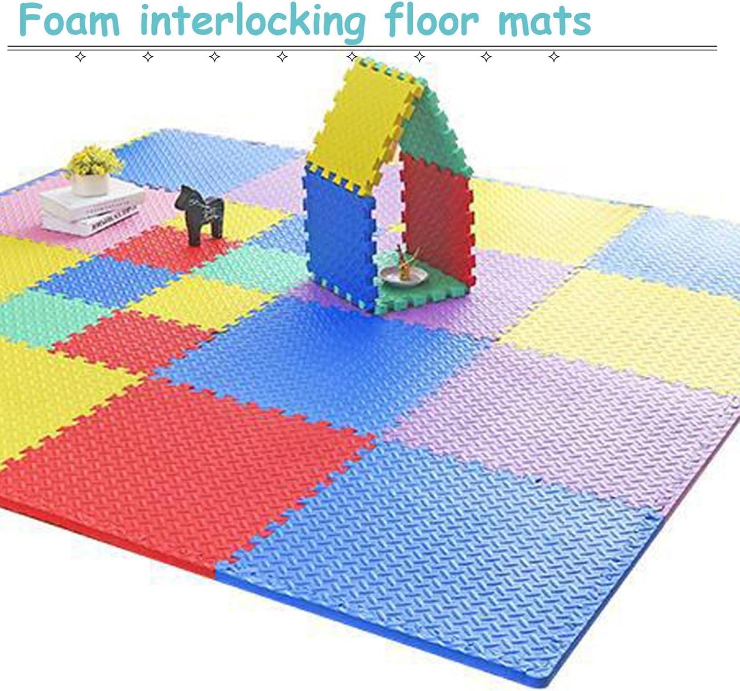 TIST 90 Pcs/86sq.ft Interlocking Foam Mat 12x12inch Square Foam Puzzle Play Mats Floor Tiles(White+Yellow+Navy Blue)