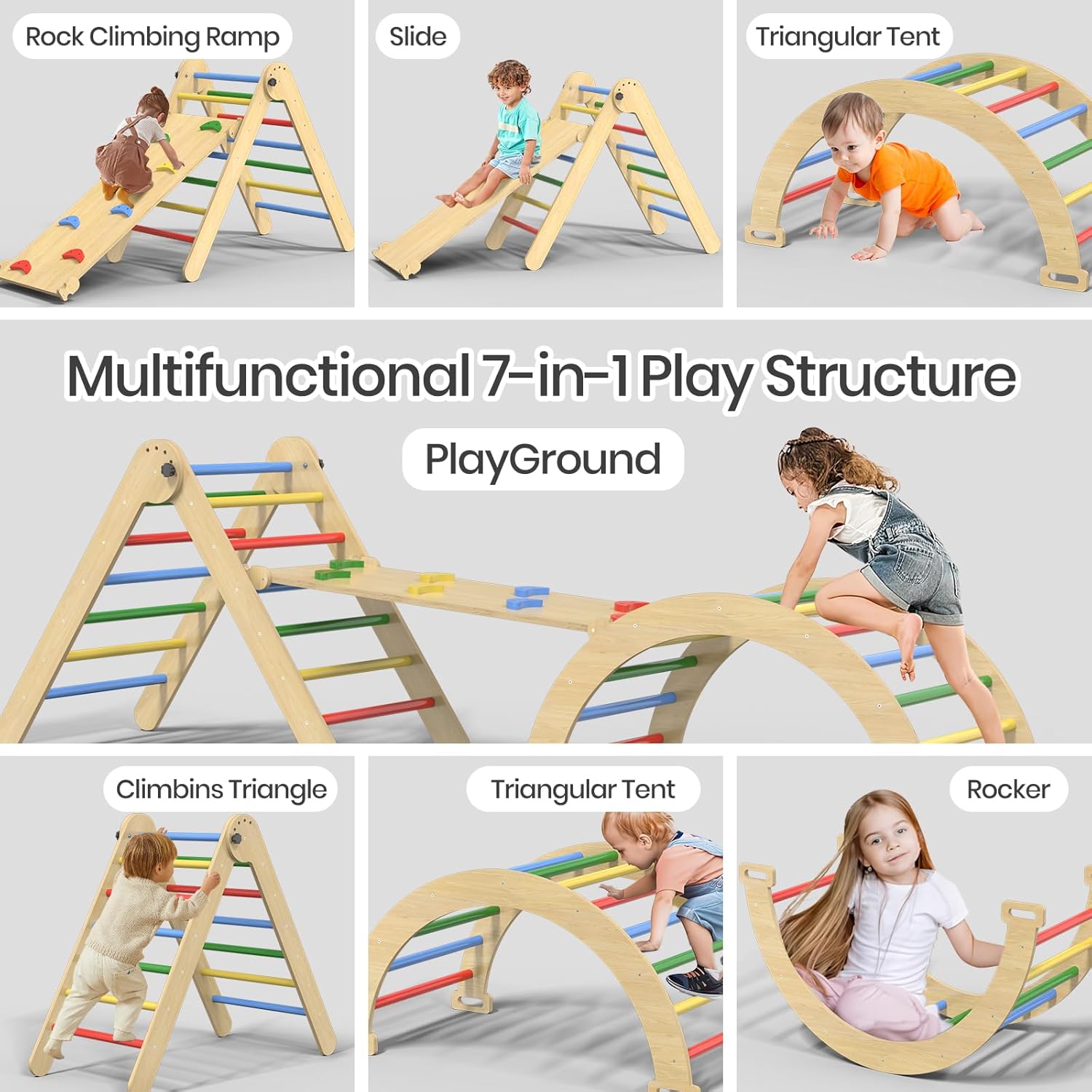 Pikler Triangle Set, 7 in 1 Foldable Climbing Toys Set for Kids, Baby Jungle Gym with Ramp & Arch, Wooden Montessori Climbing Set Indoor for Toddler (Colorful)