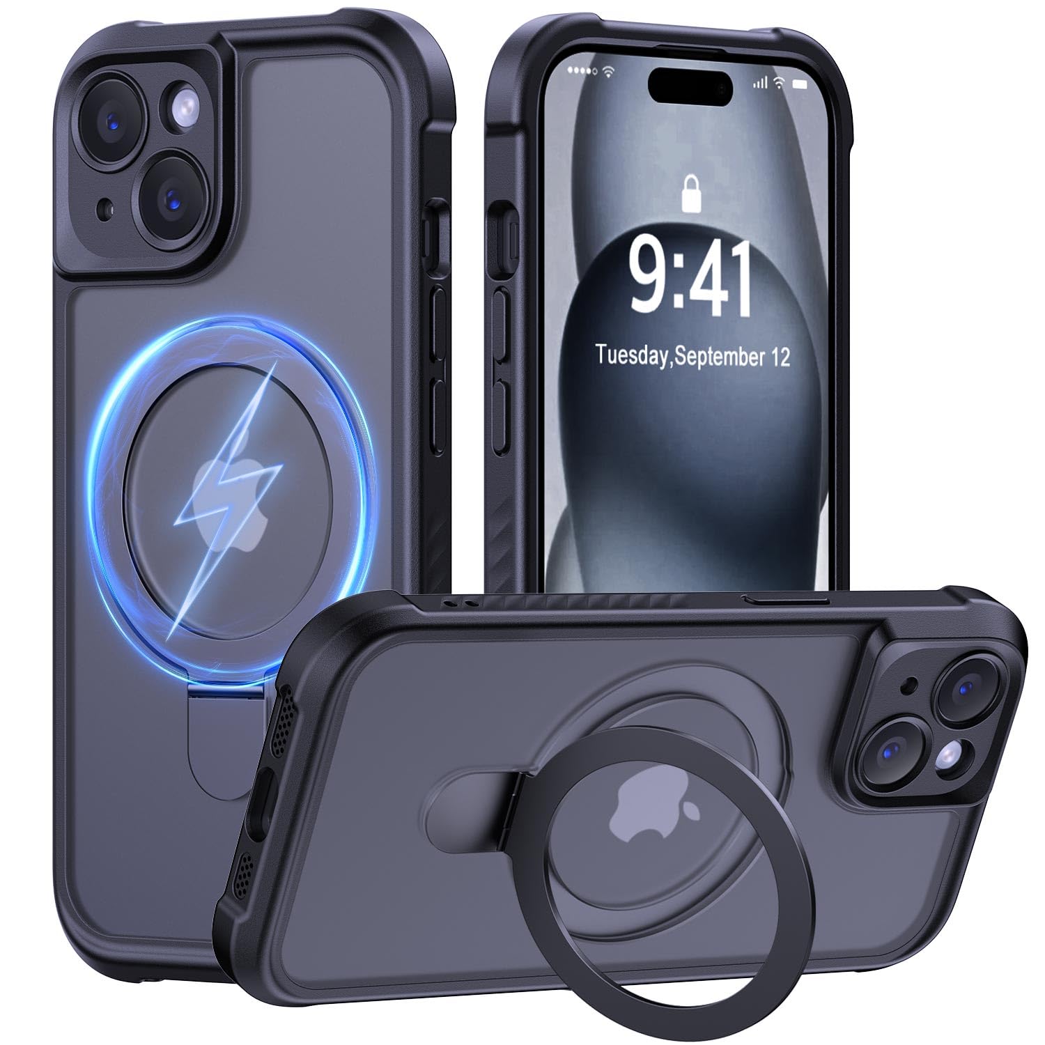 MOCCA Design for iPhone 15 Case with Magnetic Invisible Stand [Full Camera Protection] [Compatible with Magsafe] Military Drop Shockproof Translucent Matte Phone Case Cover 6.1",Black