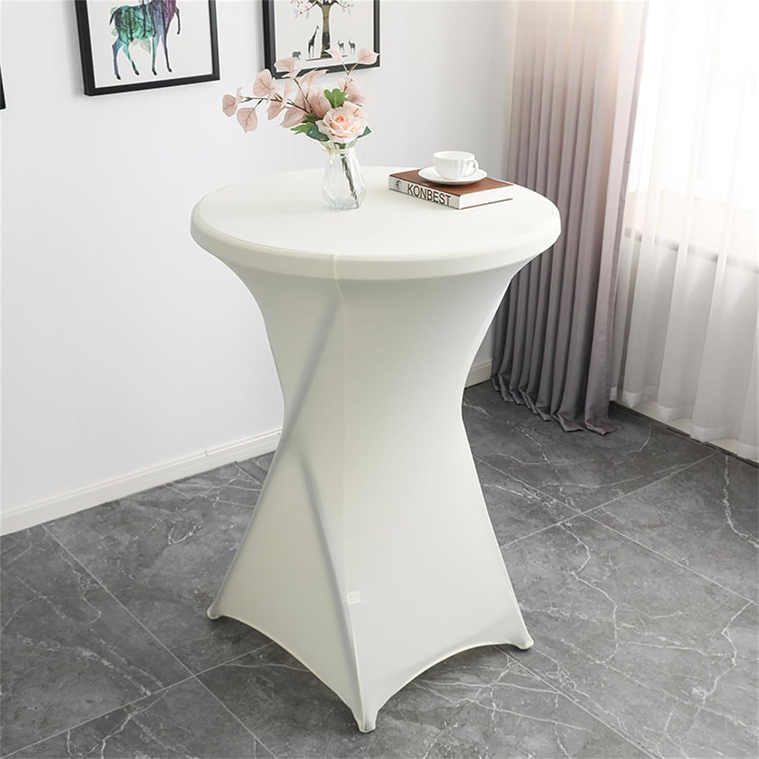 Rakila 2 Pack 43x32 Inch Spandex Round Tablecloth Cocktail Ivory Table Covers Fitted Stretch Tablecloth for Wedding, Banquet, Party, Birthday