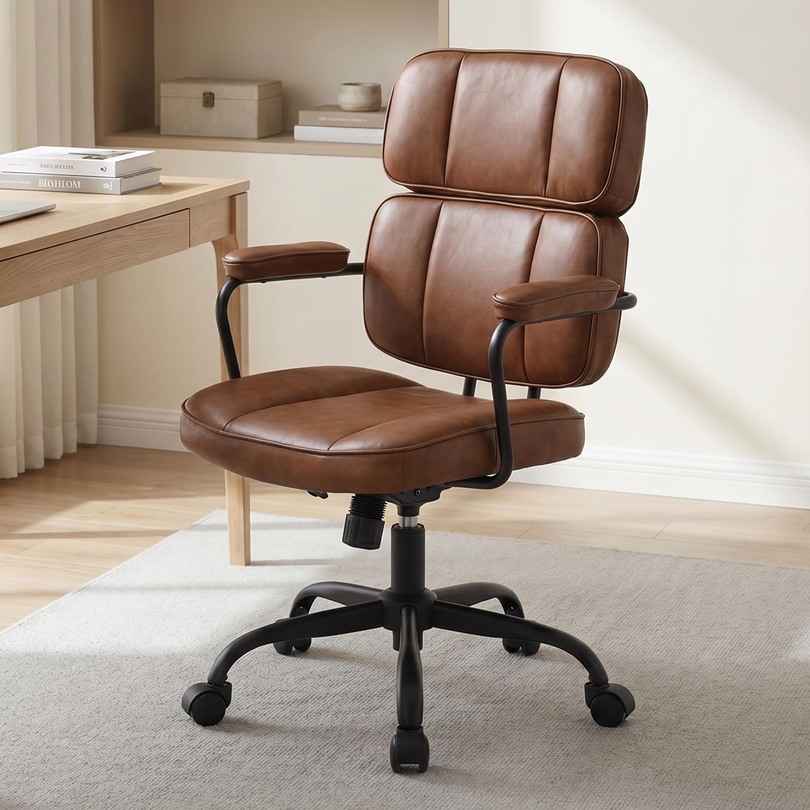 Ya-Home Silla Oficina Silla Escritorio Ergonómico con Ruedas,Marrón | PU Cuero, Respaldo y Altura Ajustable, Ruedas, FACIL DE LIMPIAR, para Estudio/Oficina, MAX 136KG