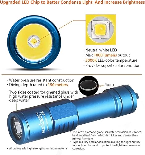 Miniatura 4 de ORCATORCH D520 Luz de buceo de 1000 lúmenes, linterna de buceo compacta IP68, impermeable, linterna de buceo nocturno, luces de buceo submarino con