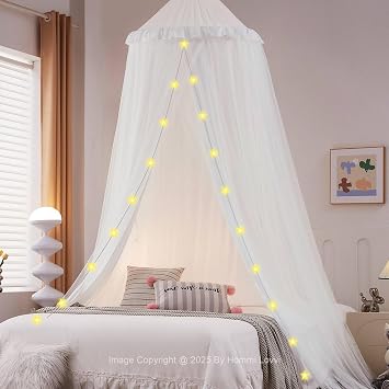 Hommi Lovvi Double Layers Bed Canopy with Star Lights, 3 Pieces Layers Canopy for Girls Bed, Princess Round Dome Dreamy Play Tent, Hanging Kids Reading Nook Mosquito Net, Machine Washable - White
