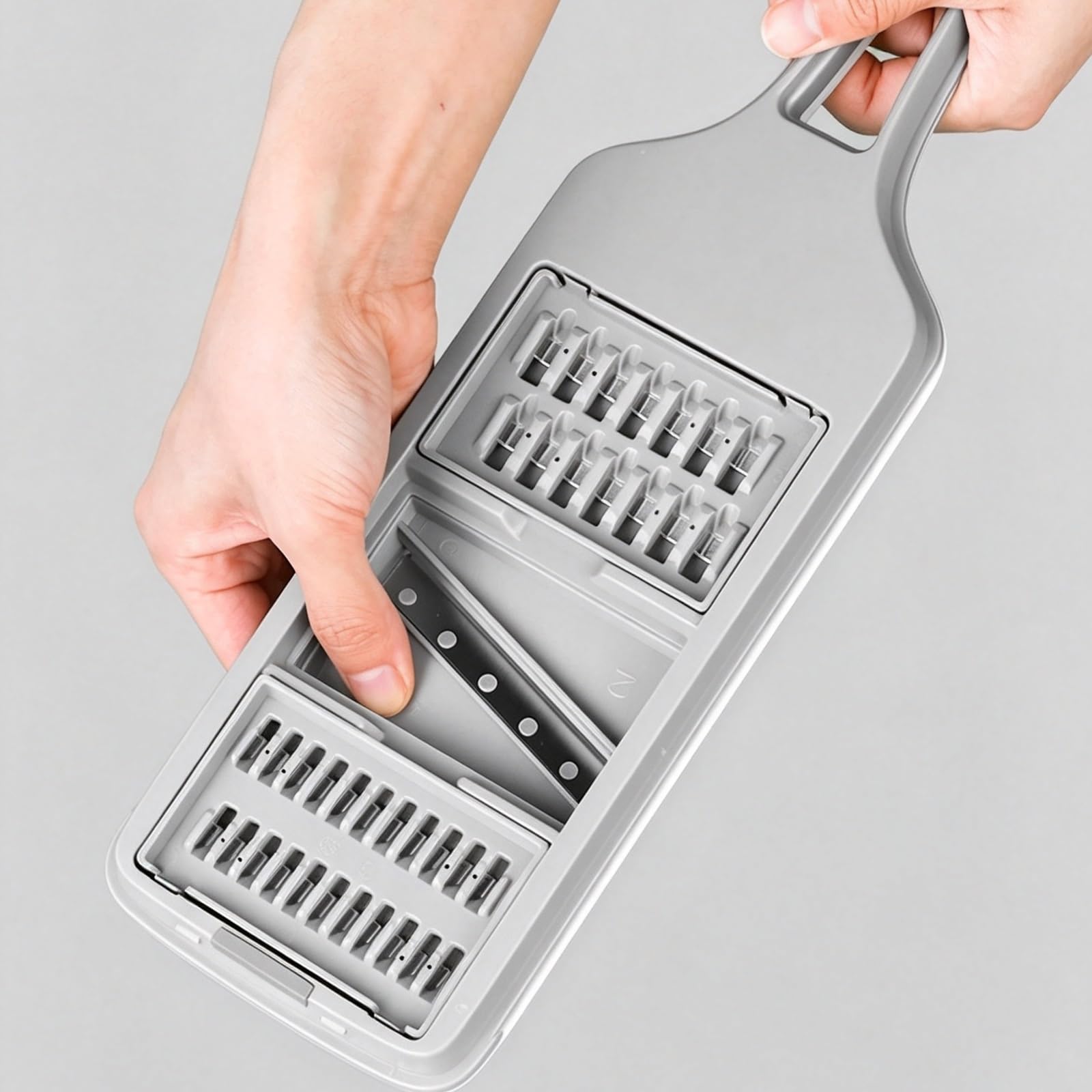 Mandolina de Cocina Profesional, Cortador de Verdura, con Caja Drenaje y Protector Mano Seguridad, Diseño con Orificio Drenaje, para Papas, Pepinos y Preparación