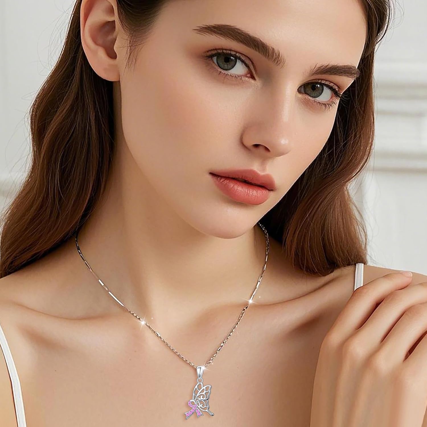 S925 Sterling Silver Breast Cancer Awareness Necklace Butterfly Pink Ribbon Pendant Necklace Survivor Gifts for Women - Image 2