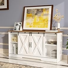 DWVO Farmhouse TV Stand for Television up to 65 Inch, Entertainment Center with Power Outlets and Open Shelf, Rustic TV Cabinet Media Console Table for Living Room, Grey White/Grey Wash, 59 Inches