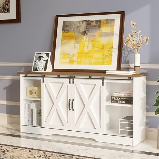 4 EVER WINNER White TV Stand for 65 inch TV for Living Room, Modern Farmhouse Barn Door TV Stand with Storage Cabinets and Adjustable Shelves for Bedroom, Media Entertainment Center TV Console Table