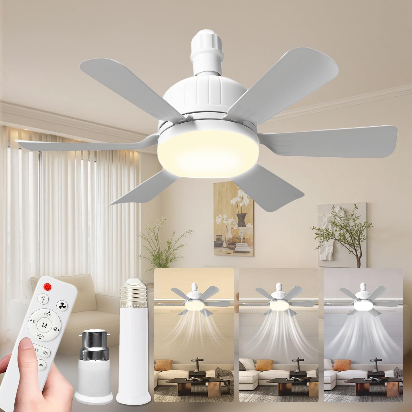 46cm Ceiling Fan Light Bulb Bayonet Fitting, Ceilings Fans with Light & Remote Control, Ceiling Fans Lights Dimmable, E27/B22 Ceilings Lamp with 3 Speeds 3 Color Temperature (White-B22+extension rod)