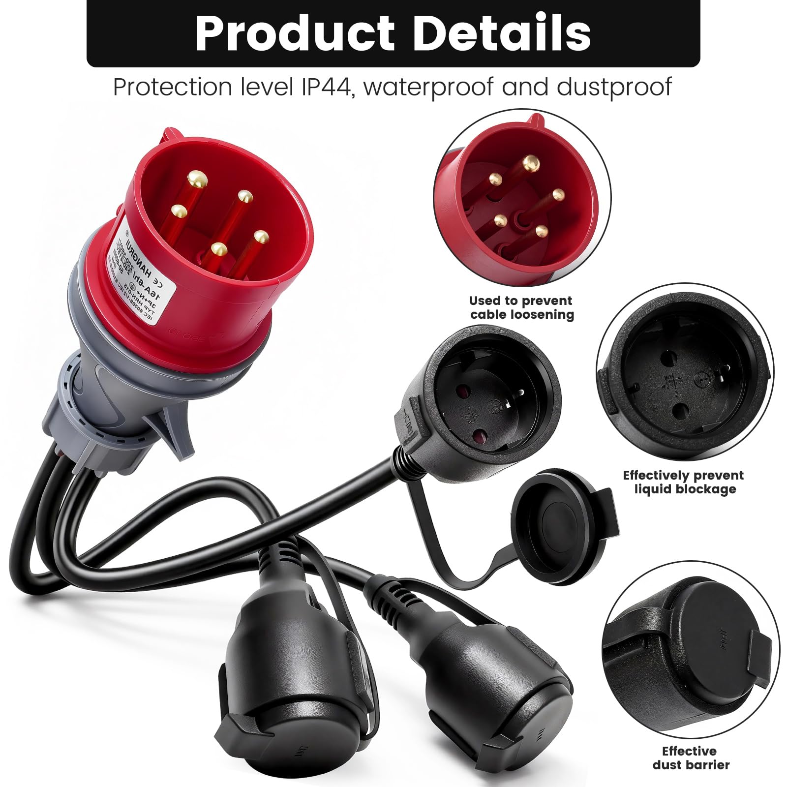 Adaptador Cee 400v a 3x 230v, Distribuidor De Corriente 16a Con Cable De Extensión, Enchufe Industrial Ip44 Impermeable Para Camping, Caravana, Taller Y Obras, Extensor Enchufe De Alta Resistencia