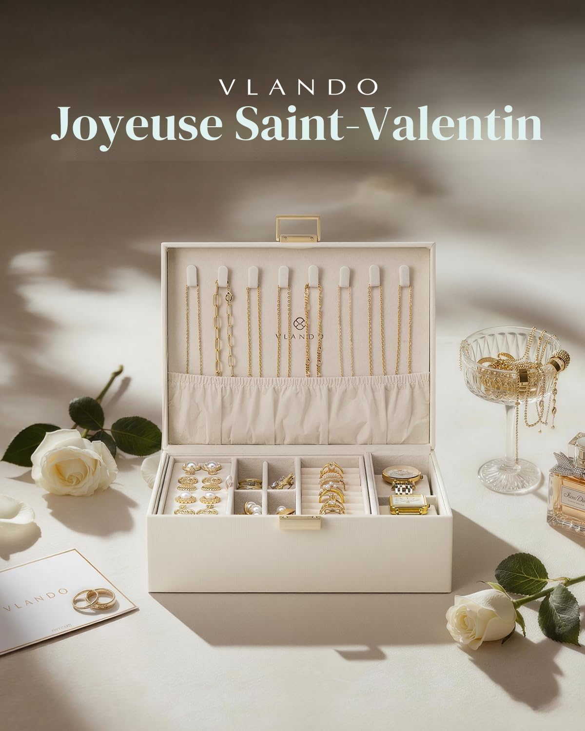 Vlando Boîte de rangement à bijoux en cuir à 2 niveaux avec coussins de montre pour femme et fille, organisateur de bijoux, idée cadeau