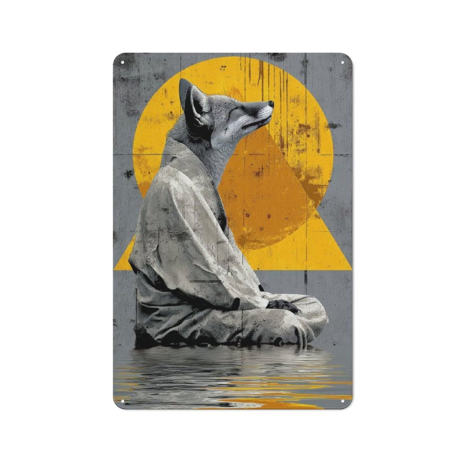 Tin Wall Sign with Meditating Fox in Kimono Design 30x20cm, Classic Kitchen Wall Decor for Restaurant, Kitchen, Counter Or Breakfast Nook