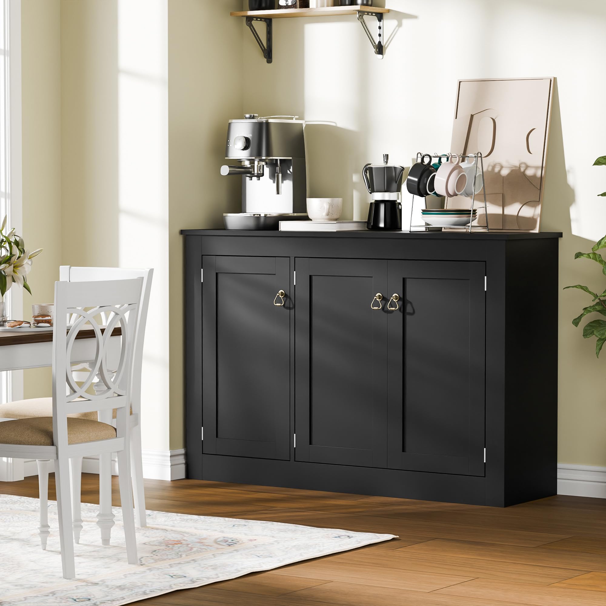 Sideboard, küchenschrank, mit 3 Türen und verstellbare Ablagen, 113 cm lang, buffetschrank, Aufbewahrungsschrank,Holzkommode für Küche,Wohnzimmer, Flur und Esszimmer (Schwarz, 113B cm)