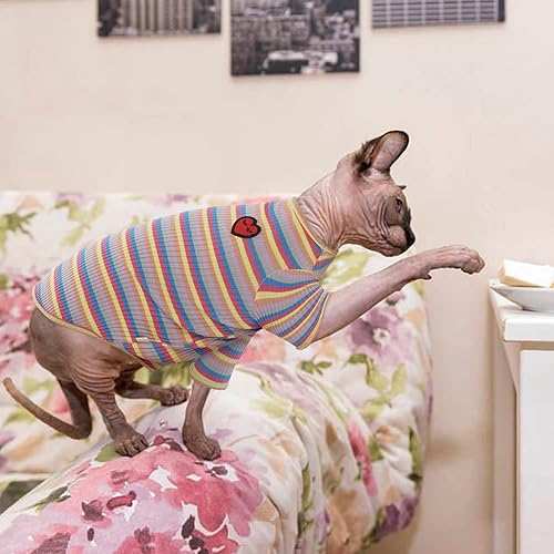 Miniatura 7 de Bonaweite Sphynx Camisa de gatos sin pelo, Cornish Rex Kitten Rainbow Stripe Camisetas con mangas, suéter de cuello alto transpirable para gatos,