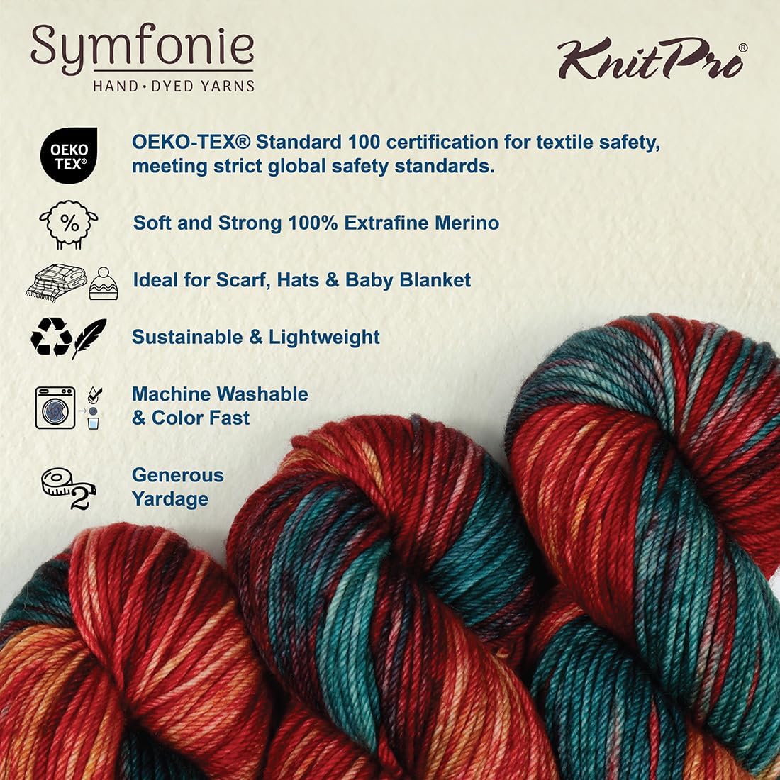 KnitPro Symfonie Hand Dyed Premium Yarn | 100% Extra Fine Merino Wool for Knitting & Crocheting, Worsted Weight, Oeko-TEX Certified, Colorfast Fiber 165m, 100g Skein | Bella Variegated Old Delhi