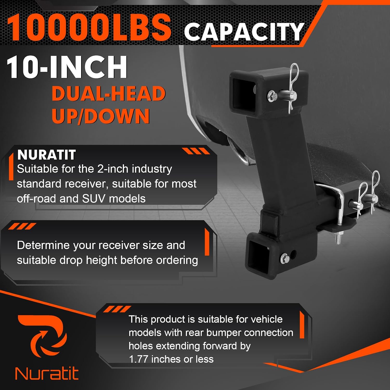 10000lbs 10-Inch Trailer Dual Hitch Extender Adapter, 2 Inch Receiver with 10 Inch Drop, Adjustable 9" or 10" Length, Trailer Hitch Dual Hitch, 3-Pack Hitch Pins and Universal Trailer Cap, Black