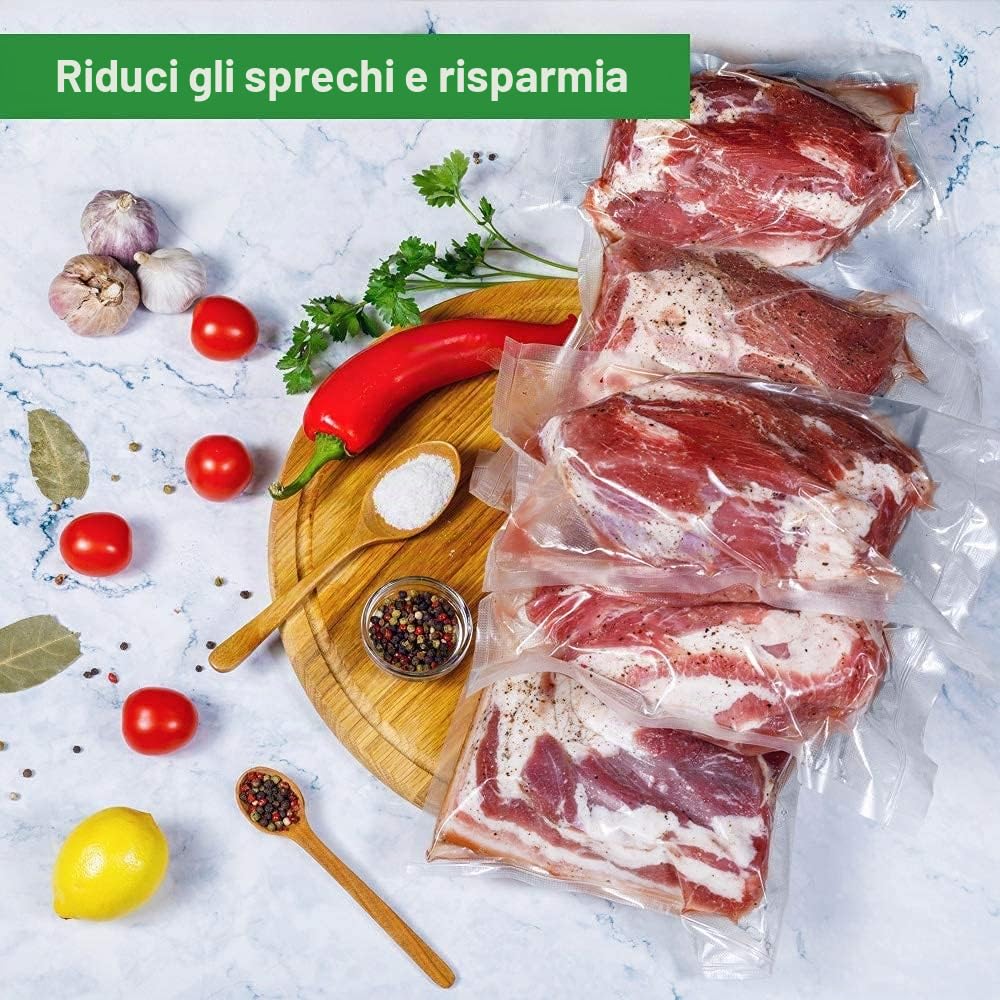 Sacchetti per Sottovuoto,100 sacchetti 20x30cm Sottovuoto Sacchetti Alimenti, 210 micron Sottovuoto Sacchetti Rotoli, senza BPA, Sacchi commerciali per conservazione alimenti e cottura Sous Vide