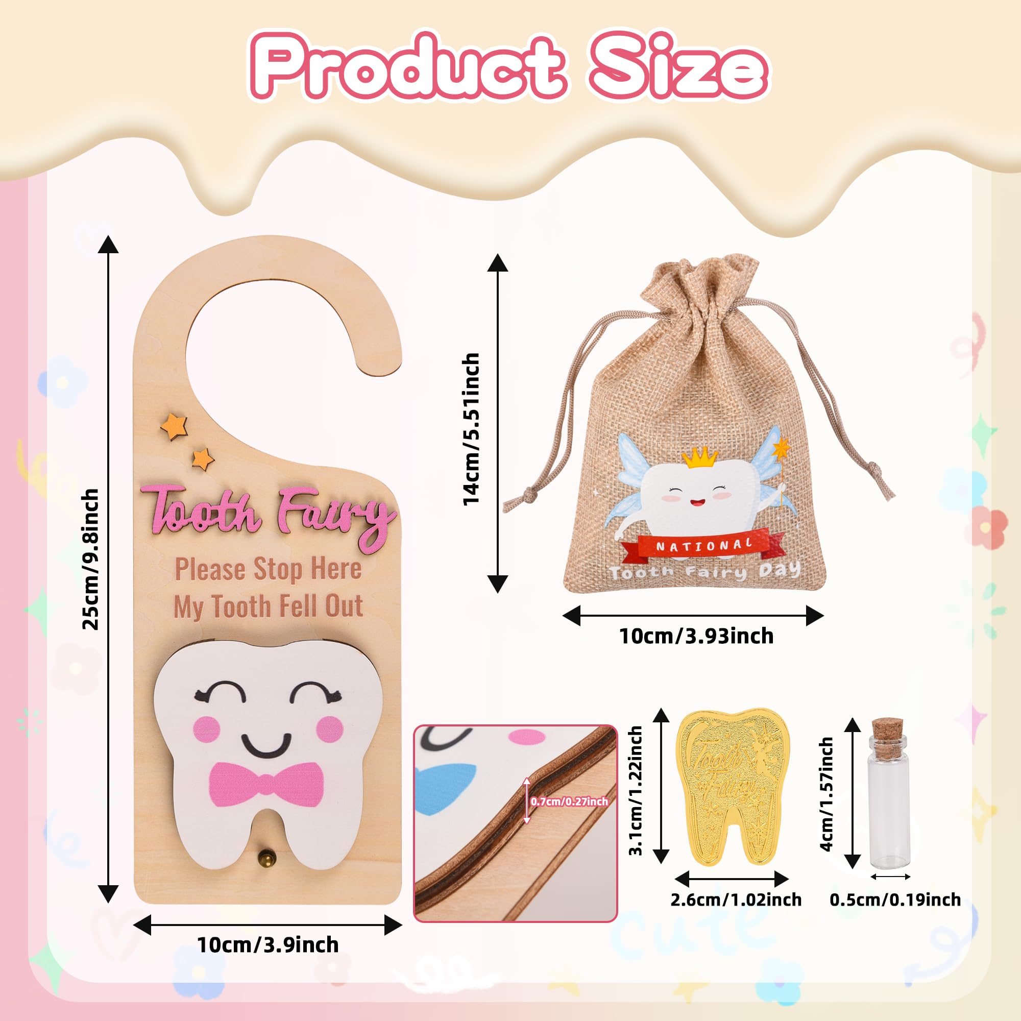 Wooden Tooth Fairy Door Hanger with Cute Coins Holder Gift for Lost Teeth Kids Tooth Fairy Pick up Box for Lost Tooth Kids Gifts Pink