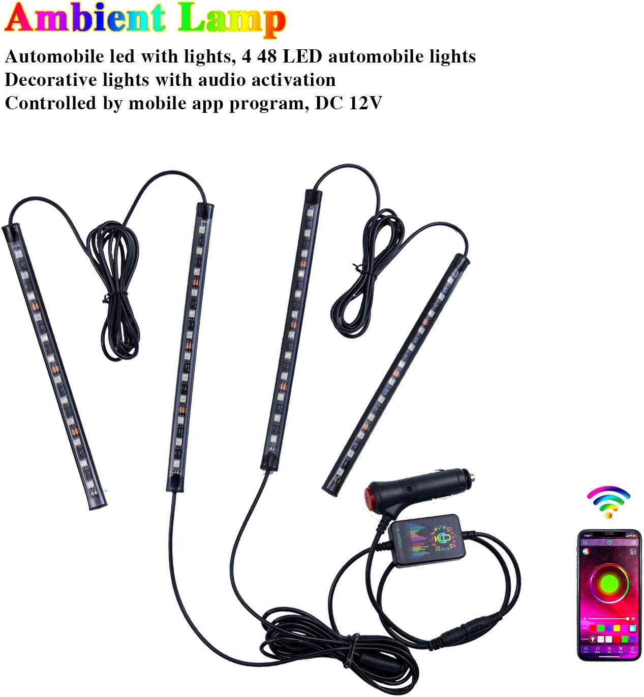 LivTee 12V Interior Accessories Car Lights, Two-Line Design 4pcs 48 LED Multi DIY Color Music Under Dash Car Lighting Waterproof Kits with APP Controller, Car Charger Included : Automotive
