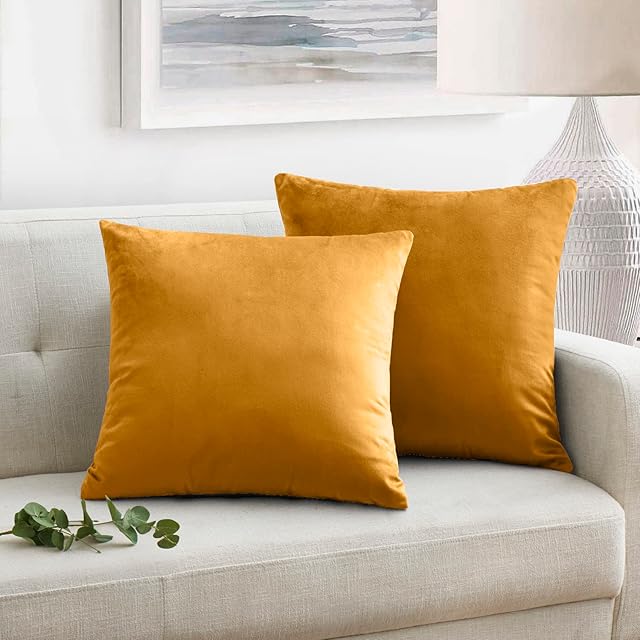 Oxford Homeware Velvet Cushion Covers 45 x 45 cm Set of 2 Square Throw Pillow Cases Decorative Sofa Cushion Covers for Bedroom Couch Living Room with Invisible Zipper (Ochre, 18 x 18 Inch)
