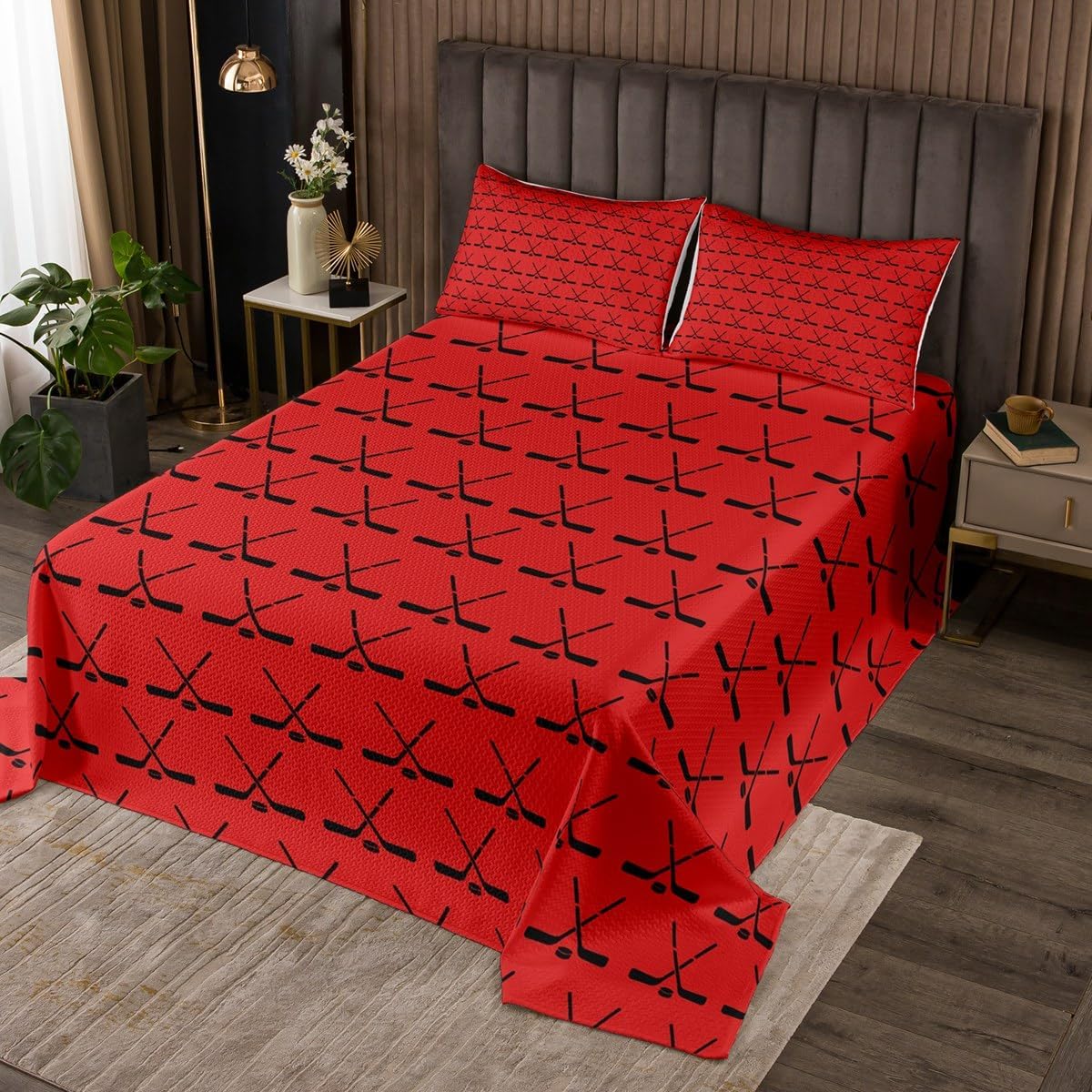 Erosebridal White Ice Hockey Twin Bedspread Set, Hockey Ball Sports Microfiber Coverlet Set & Bedspread for Kids Boys Girls, Racket Quilt Bedding Sets for Bedroom, Games Lacrosse Sticks Bedding Sets