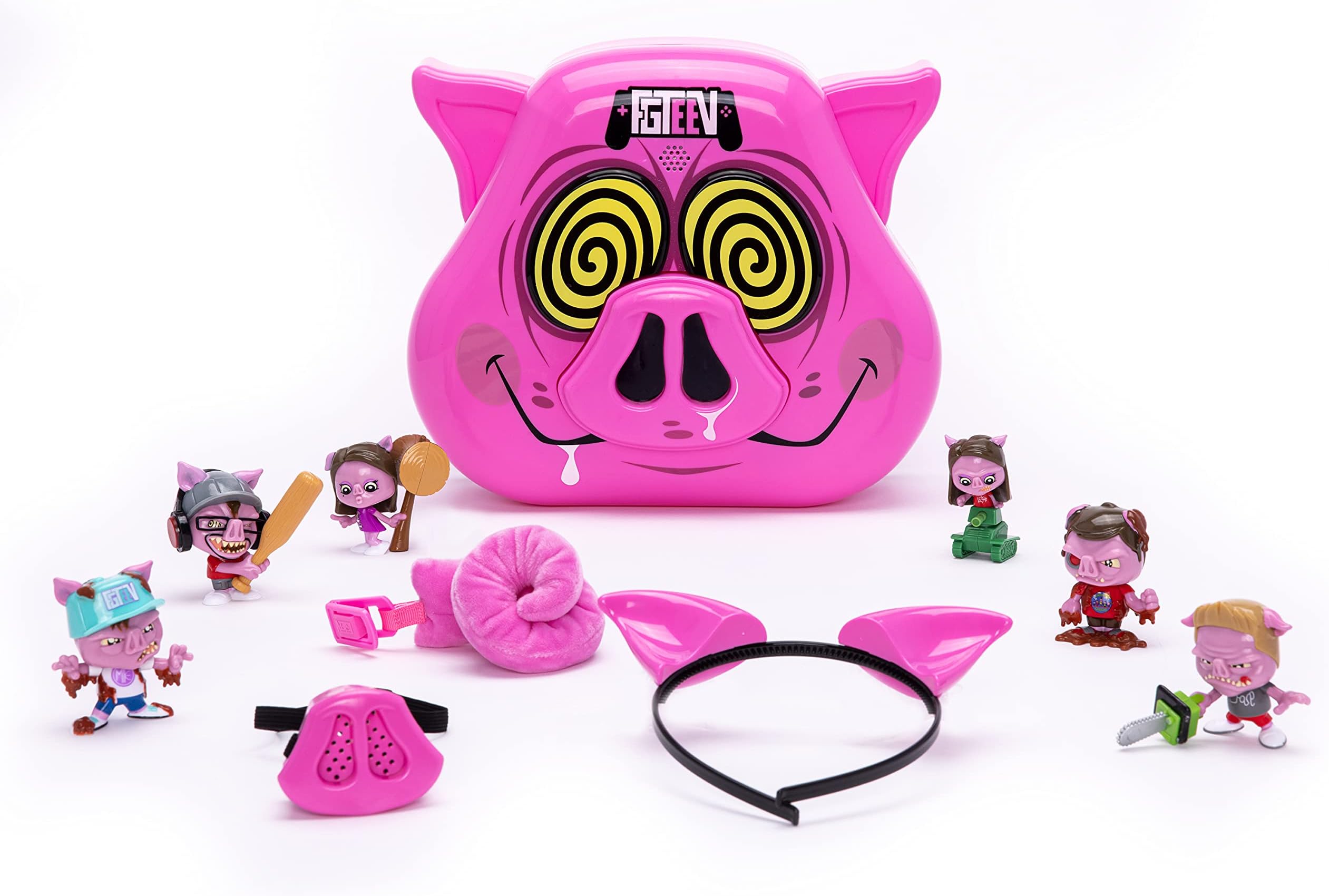 FGTeeV – Psycho Pig Party Pack - Pig face case Doubles as Storage and Plays The Psycho Pig Song – includes 6 Themed Mini Figures, Wearable Pig Nose, Pig Ear Headband, Clip on Pig Tail