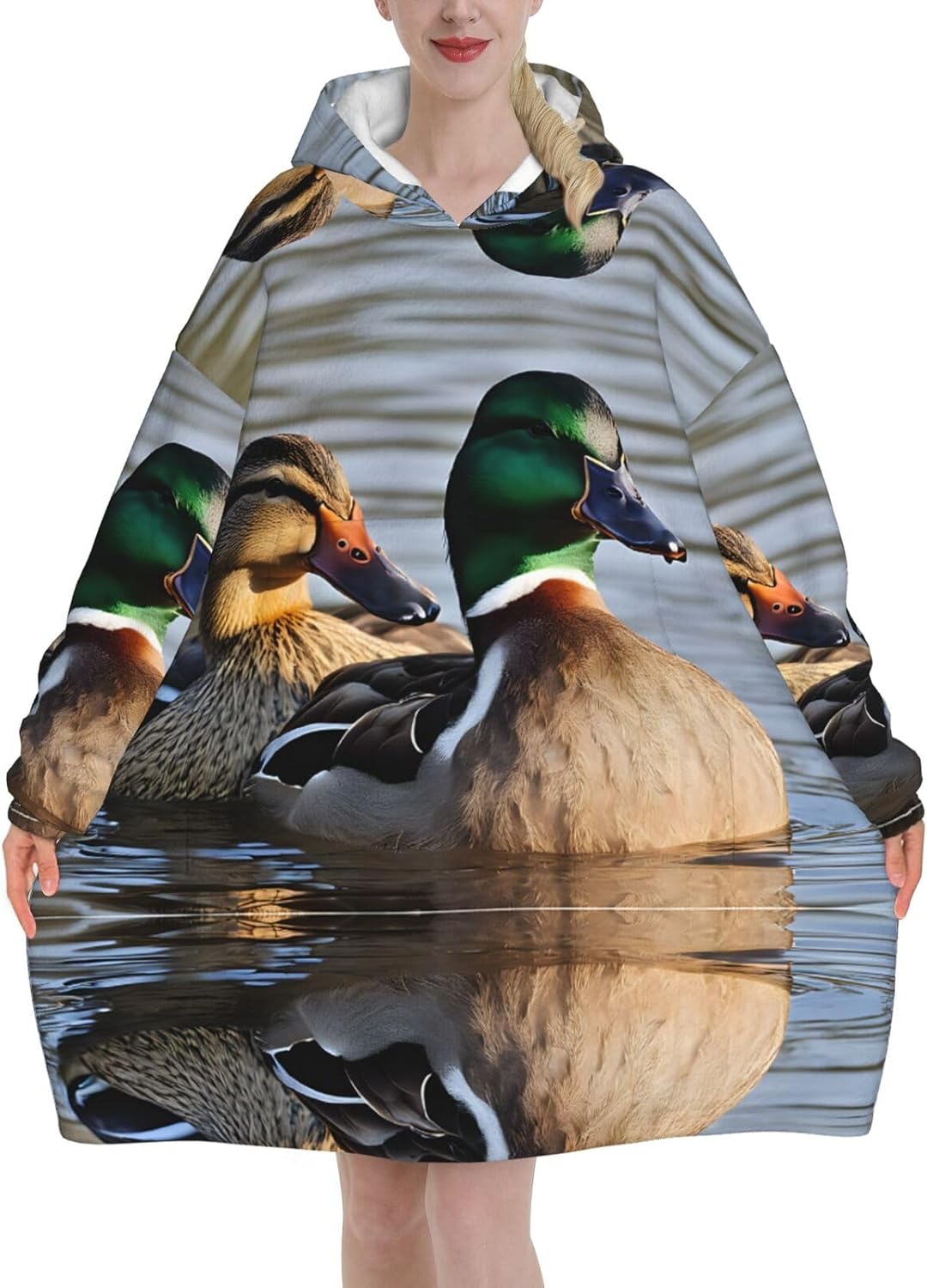 Mallard Duck Print Blanket Hoodie Fleece Sweatshirt Blanket With Sleeves And Pockets