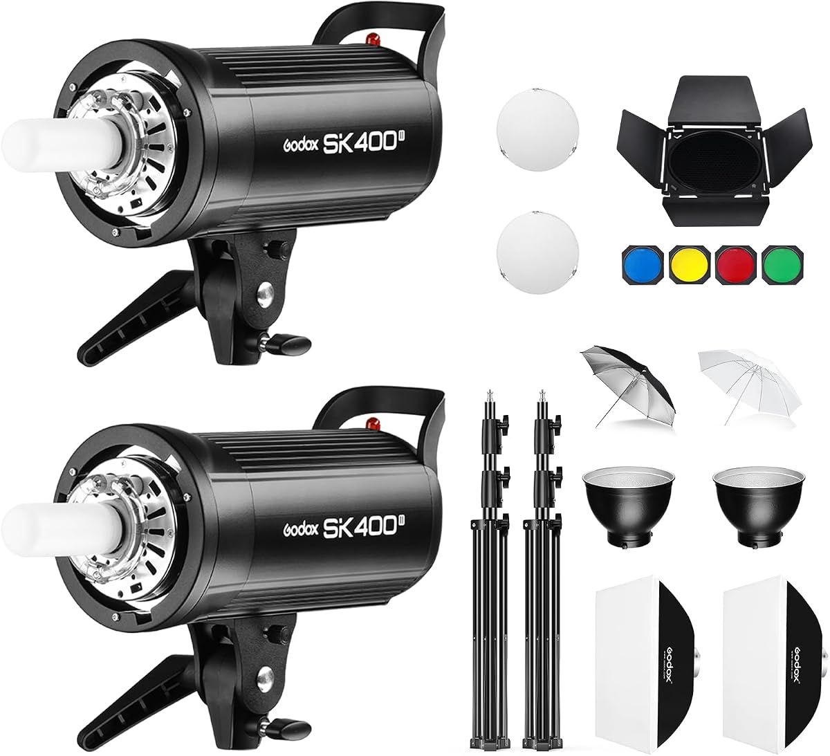 2* Kit de iluminación de flash estroboscópico de estudio SK400ii 800Ws: paquete de 2 monoluces SK400II con soporte Bowens para fotografía y grabación de videos en estudio con soporte de luz, softbox, paraguas, reflector, puerta de granero...