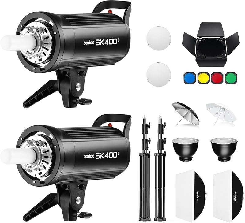 2* Kit de iluminación de flash estroboscópico de estudio SK400ii 800Ws: paquete de 2 monoluces SK400II con soporte Bowens para fotografía y grabación de videos en estudio con soporte de luz, softbox, paraguas, reflector, puerta de granero...