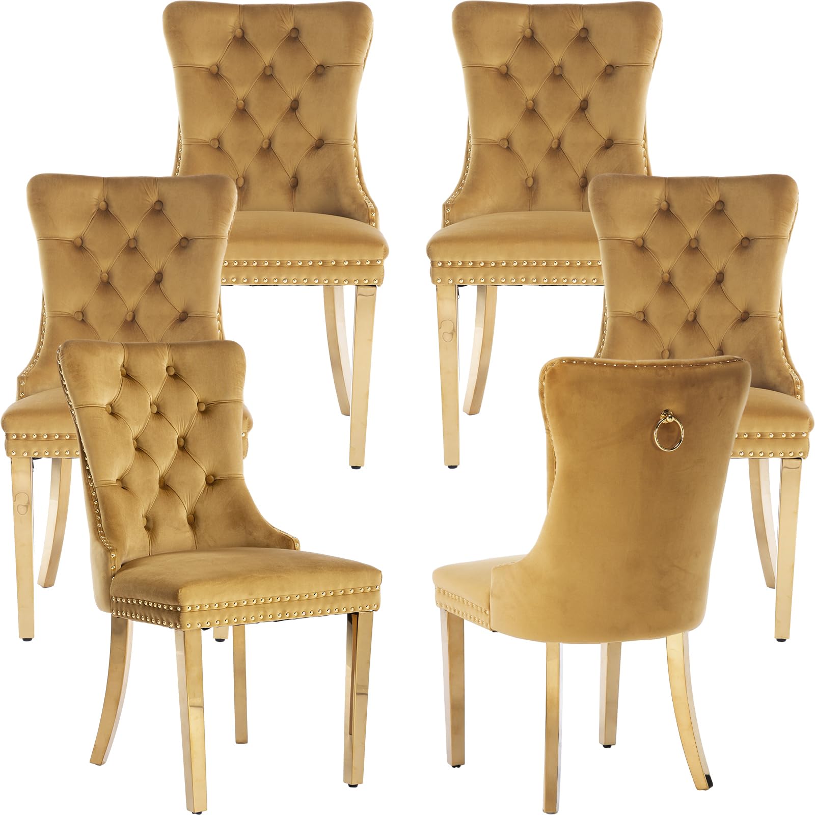 ZenNook Mid Century Modern Dining Chairs Set of 6, Yellow Velvet Upholstered Kitchen Chairs, Kitchen & Dining Room Chairs, Gold Metal Legs, Sillas De