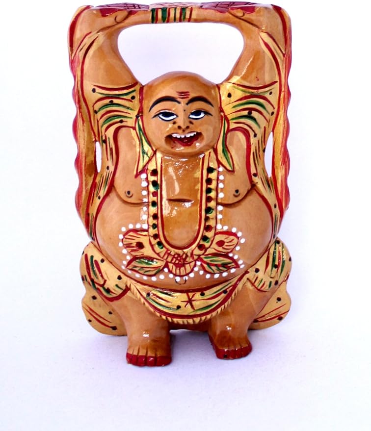 Krishna Mart India Laughing Buddha Wood Statue Lifting