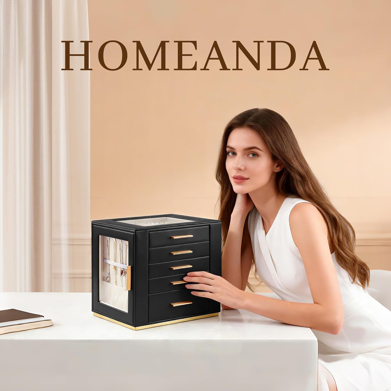 Homeanda Jewelry Box for Women with Glass Lid, 5 Drawers Jewelry Organizer and Storage for Necklaces, Rings, Earrings, Bracelets, Gift for Girls and Teens,PU Leather (Black)