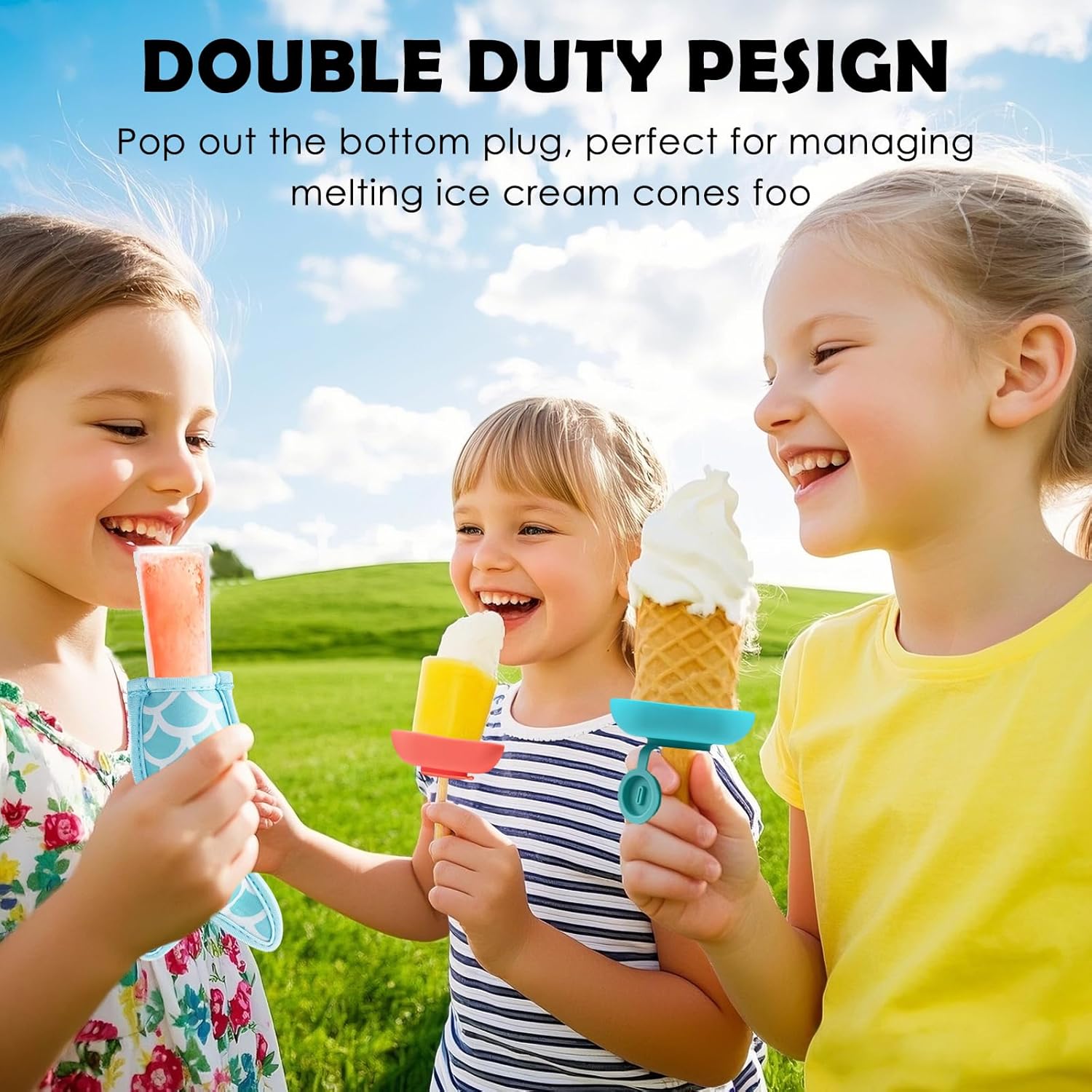 Silicone Popsicle Holder and Sleeves, Reusable Ice Pop Sleeves for Toddlers, No mess Ice Cream Holder for Summer and Birthday Party, Adjustable Clips, Dishwasher Safety, 24pcs, 3-in-1