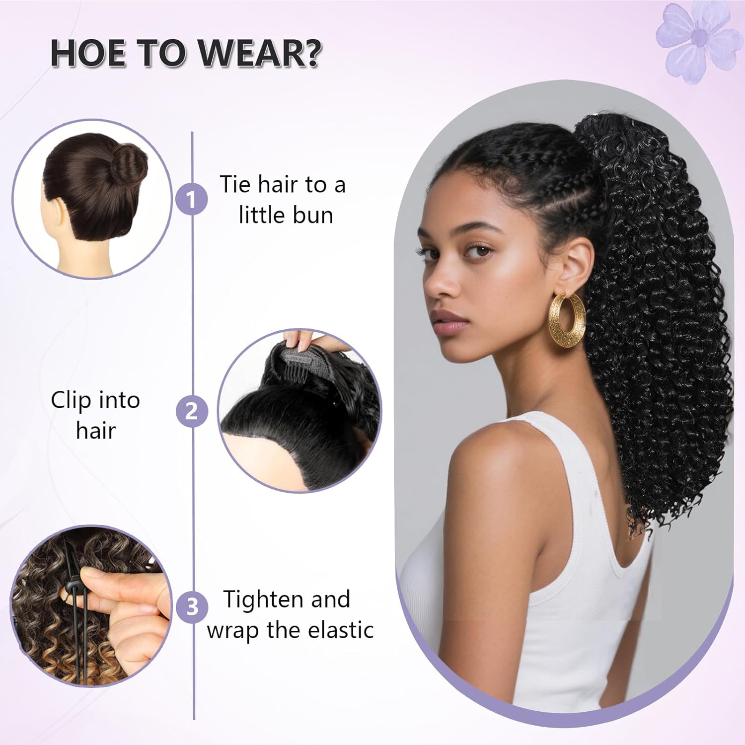 Curly Drawstring Ponytail Extension for Black Women 16 Inch Afro Kinky Curly Ponytail Drawstring Hair Extensions Synthetic Pony Tails Hairpiece for Daily Use(1B) - Image 5