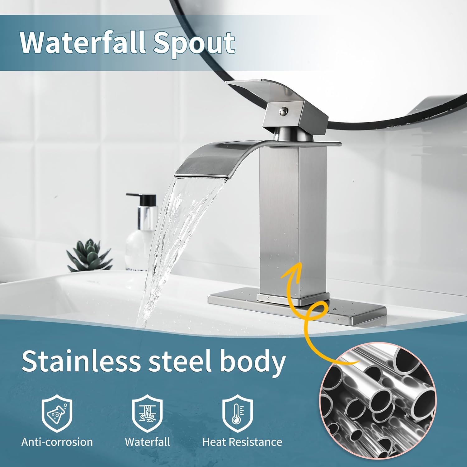 sagetta Waterfall Bathroom Sink Faucet Single Hole Faucet with Three Hole Cover Deck Plate, Pop up Drain and Water Hoses Stainless Steel Vanity Brushed Nickel