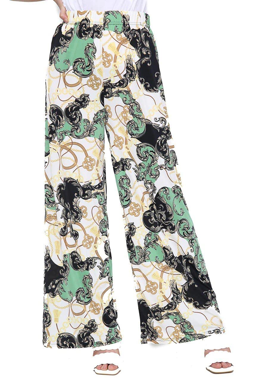 Wearall Women's Paisley White Chain Plus Size Floral Print Wide Leg Palazzo Trousers Pants - 24-26